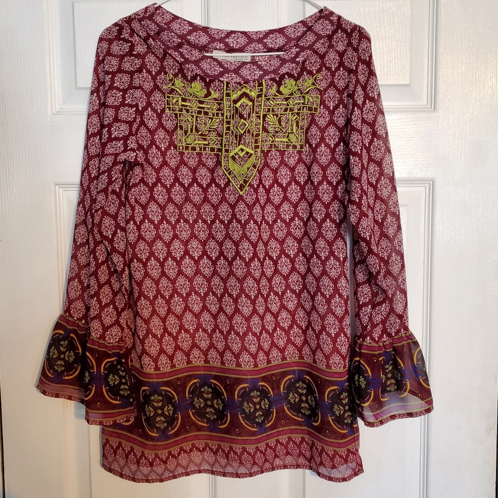 Young Threads Maroon Pattern Ruffle Bell Sleeve T… - image 1